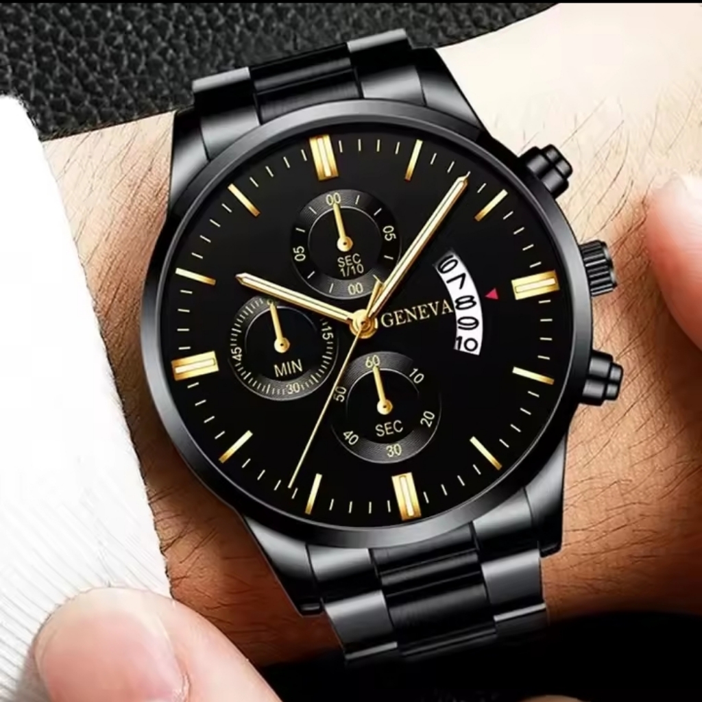 Black And Gold Geneva Chronograph Watch